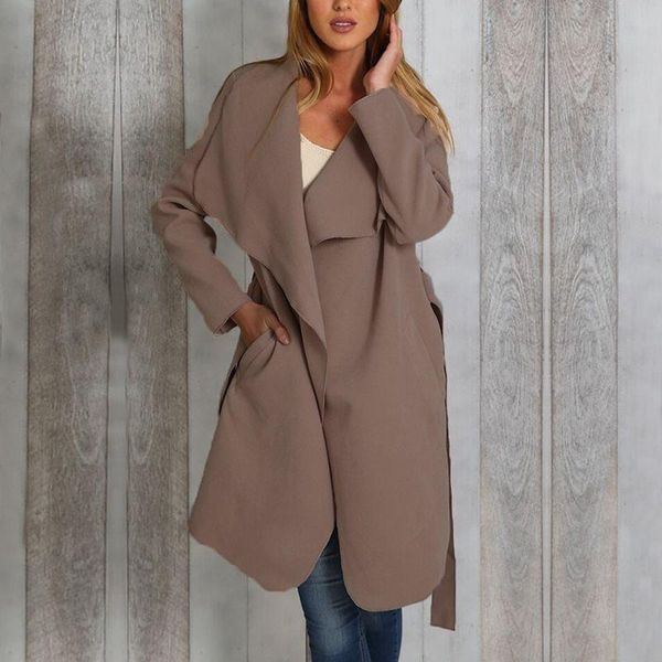

women's trench coats casual elegant vintage plus size black boho women long slim lapel lace up plain winter female fashion overcoats, Tan;black