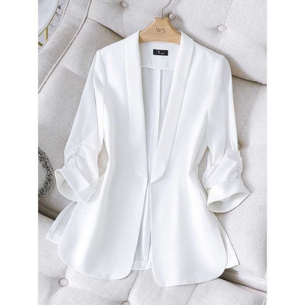Kadınlar Için Ince Beyaz Takım Ceket Trendy Ins İlkbahar / Yaz 2021 Yeni Kore Tarzı Slim Fit Mizaç Genç Oldooking Küçük X0721