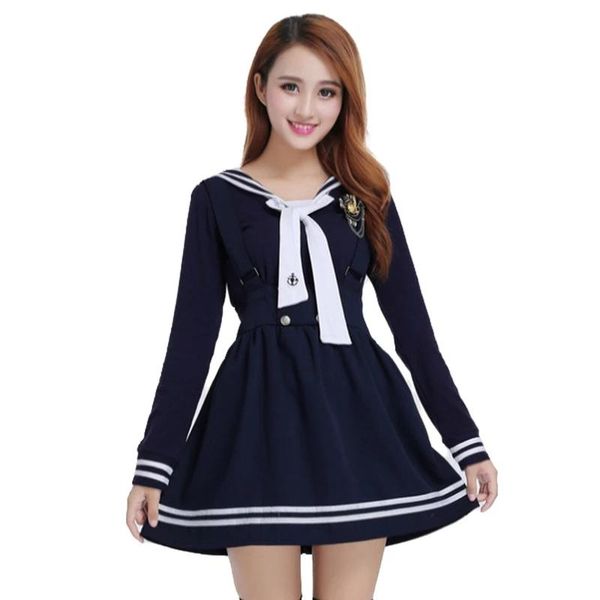 

clothing sets japanese school uniforms for women korean navy sailor cotton girls straps skirt+long sleeve shirt+tie, White