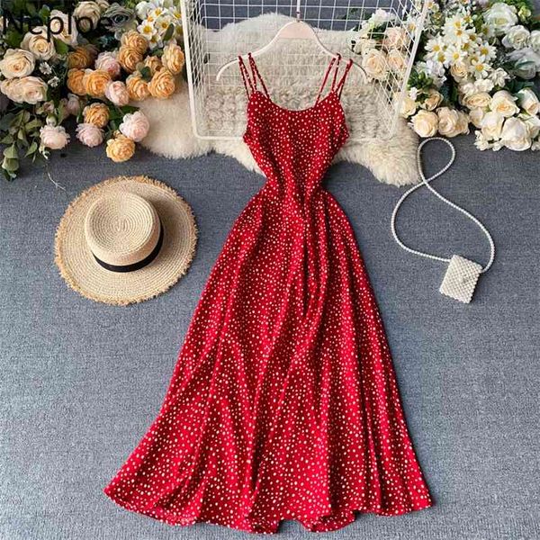 

korean ins bohemian holiday long dress open back dot sleeveless camis vestido high waist hip slim a line ropa 49557 210422, Black;gray