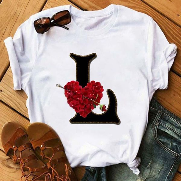 

women's t-shirt custom name letter combination women flower font a b c d e f g print short sleeve tee female clothes, White