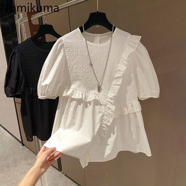 

nomikuma new women doll shirt korean ruffle patchwork sweet blouse causal puff short sleeve o-neck blusas feminimos 6h275 210427, White