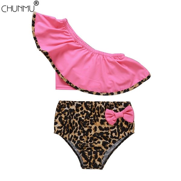 Vestiti del bambino Set Estate Bambini Ragazza Spalla obliqua Leopard Bowknot Bikini Costumi da bagno Costume da bagno Casual Diviso Costume da bagno 210508