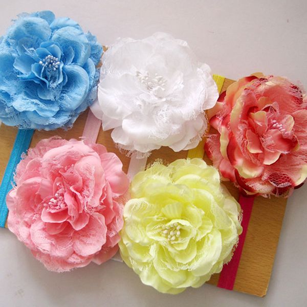 

girls baby kids solid color large flower elastic headbands hair ornaments for children headwear fashion accessories, Slivery;white