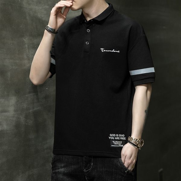 

summer polo busins lapel commuting leisure trend short sleeved men's solid color, Black