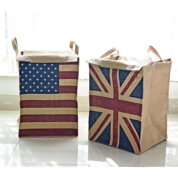 

1pcs european and american flag jute storage box with dust cover household sundries finishing floor laundry bucket & organization