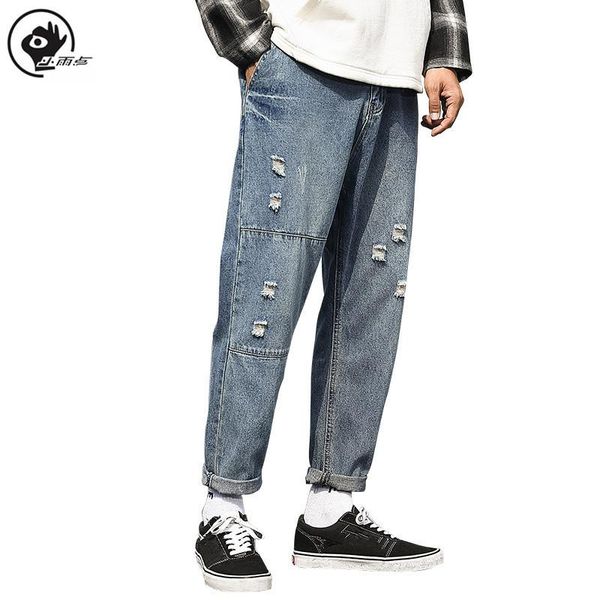 

little raindrop men's jeans light wash distressed design hole pleated decorative jean mid waist zipper pants, Blue