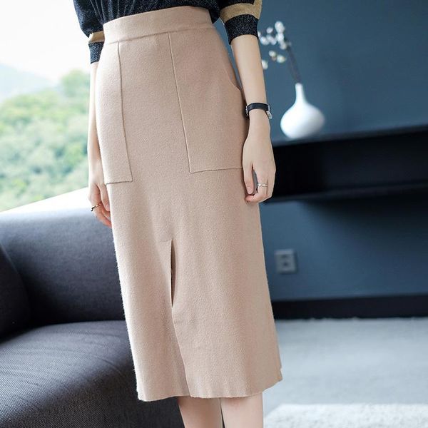 

skirts xl brand knit 2021 spring autumn women's ol commuter slim front split skirt high waist big pocket a-line, Black