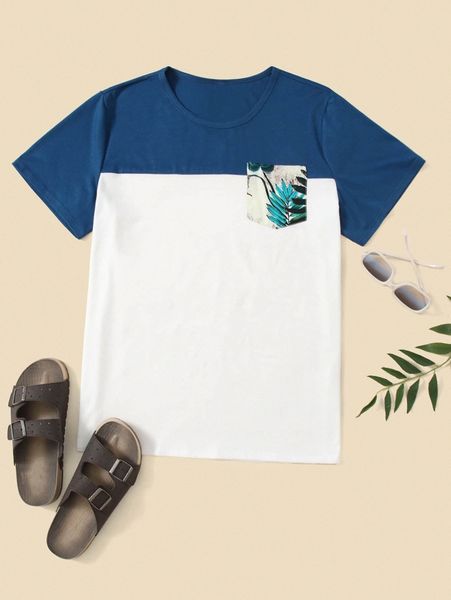 

men 1pc contrast tropical pocket two tone tee e0h0#, White;black