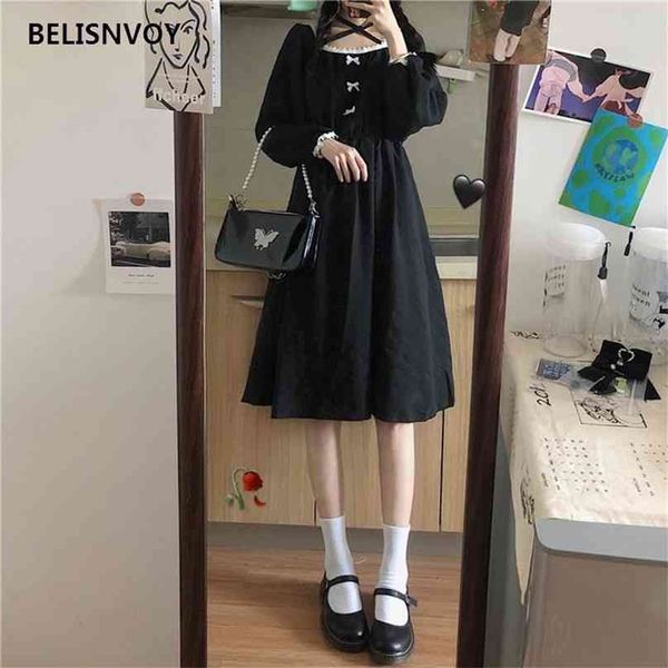 Japanischen Stil Harajuku Frauen Vintage Kleid Quadrat-kragen Schwarz Gothic Bogen Süße Mädchen Einfache Chic Lolita Robe Femme 210520