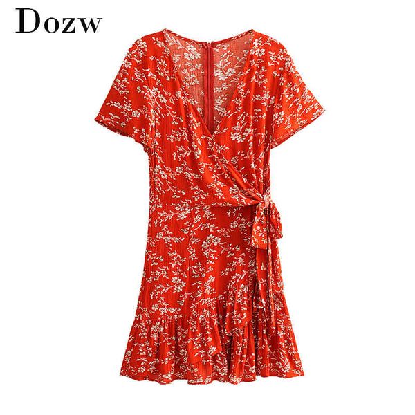 

women v neck ruffle wrap dress summer a line beach party dresses casual short sleeve floral print mini dress 210414, Black;gray