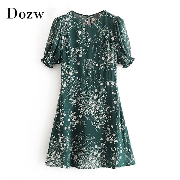 Verão Floral Imprimir Vestidos Elegantes Mulheres Ruffle Manga Curta Vintage Casual O Pescoço Uma Linha Boho Mini Sundress 210515