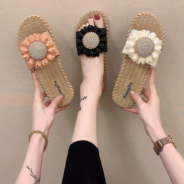 

slippers style for women in summer versatile flip flops cute sandals girls flowers beach shoes indoor outdoor, Black