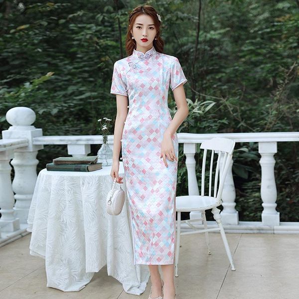 

ethnic clothing plaid satin mid length chinese dress pink bride wedding prom cheongsams side split qipao formal party oversize vestidos, Red