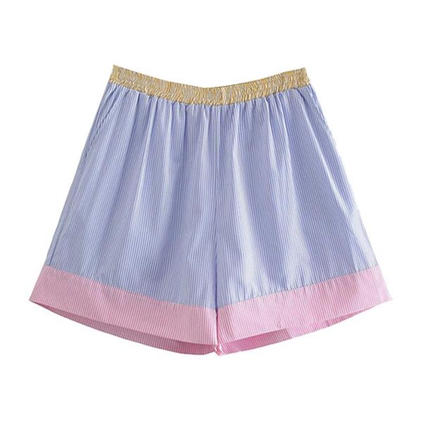 

women's shorts blingblingee streetwear summer fashion contrast panelled women elastic high waist striped side pocket casual loose, White;black