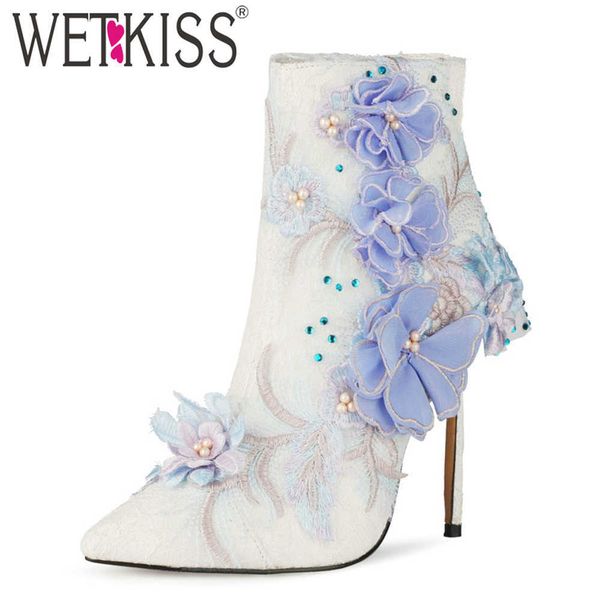 

wetkiss flower shoes women handmade ankle boots party wedding shoes dress stiletto high heels booties lace pointed toe big size 210630, Black