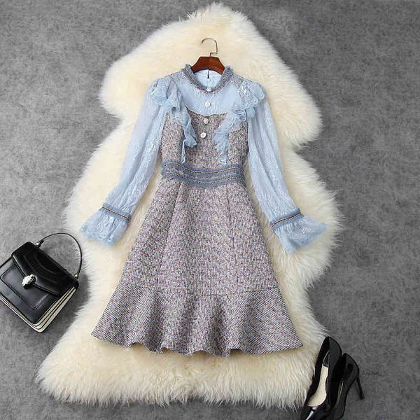 

casual dresses fall autumn long sleeve round neck blue lace tweed panelled ruffle buttons knee-length mermaid dress elegant lsp02t11250 erwj, Black;gray