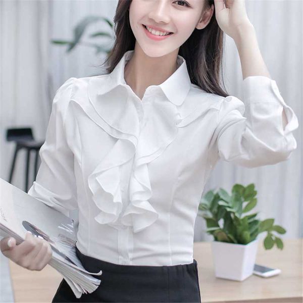 

korean fashion women blouses shirts elegant ruffle chiffon ol shirt plus size s and blusas mujer de moda 210531, White