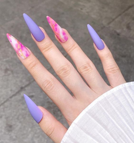 

false nails 24pcs purple nail patch sweet style glue type removable super long paragraph manicure save time wd, Red;gold