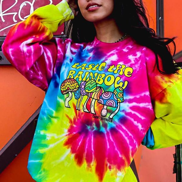 

women's hoodies & sweatshirts cartoon colour mushroom printing red tie dye loose crewneck sweatshirt women long sleeve harajuku thin au, Black