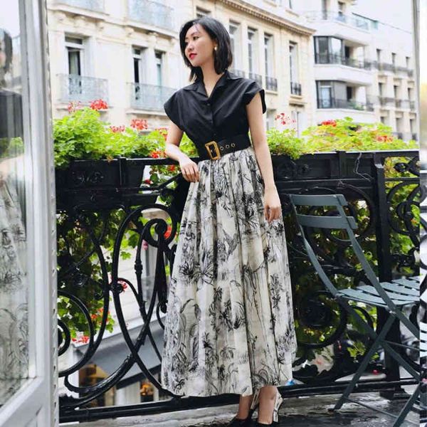 

skirt woman's summer lane defines black single breasted short belt printed party two-piece suit
