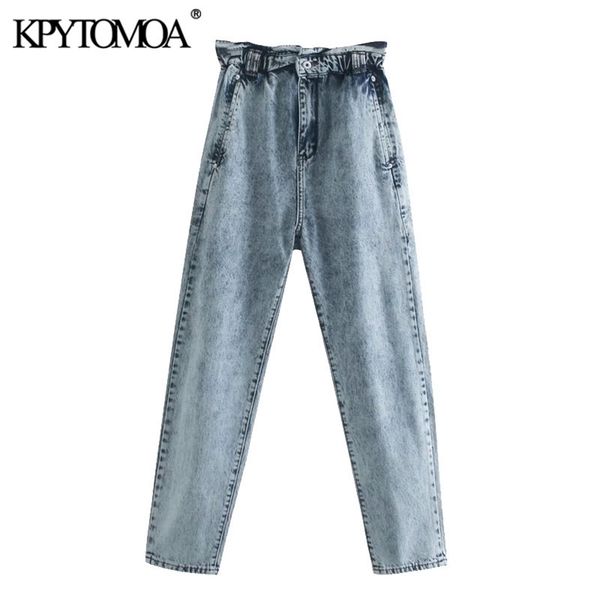 

women fashion side pockets baggy paperbag jeans vintage high elastic waist denim female ankle trousers mujer 210421, Blue