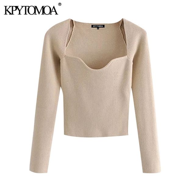 

women fashion with sweetheart neck cropped knitted sweater long sleeve fitted female pullovers chic 210420, White;black