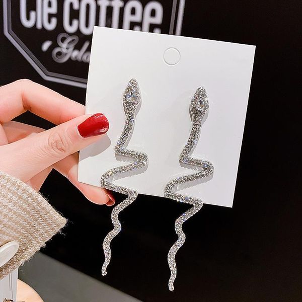 

dangle & chandelier long tassel crystal drop earrings for women shiny snake shape rhinestone earring weddings fashion jewelry gifts, Silver