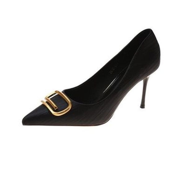 

dress shoes spring and autumn pointed toe stiletto high-heeled women's korean style shallow mouth metal square buckle, Black