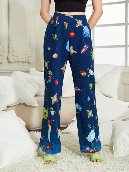 

x mithra slant pocket cartoon graphic flare leg pants r5o3#, Black;white