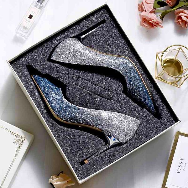 

sandals 2021 autumn crystal wedding shoes stiletto high heel single gradient sequin shallow mouth pointed toe women's shoe vysd, Black