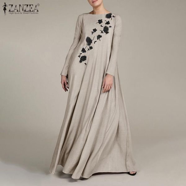 

plus size women long sleeve floral sundress spring kaftan printed maxi dress zanzea vintage split hem loose vestidos robe casual dresses, Black;gray