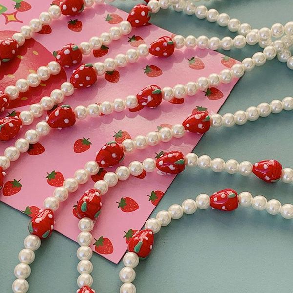 

chains fflacell 2021 korean ins strawberry pearl necklace trendy fruit sweet choker for women girl summer holiday jewelry, Silver