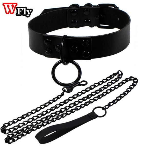 

chains women man gothic punk rivet o-ring metal pendant choker slave leather collar traction rope chain bondage necklace jewelry, Silver