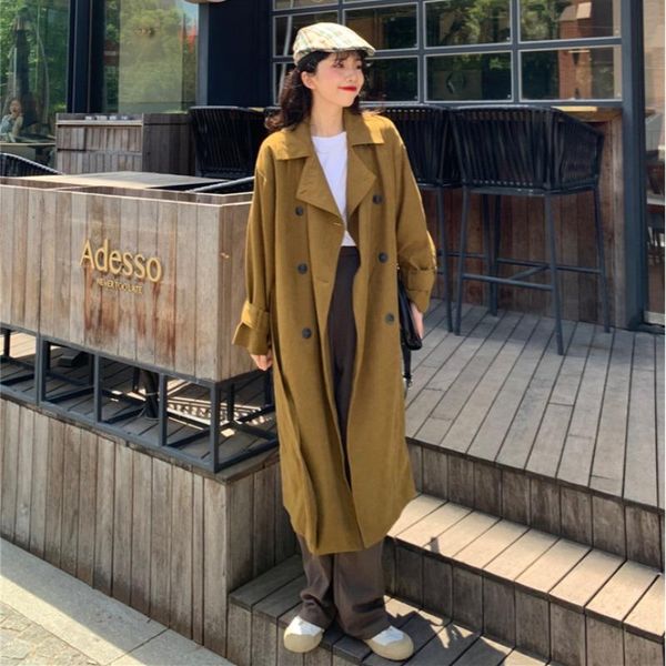 

women's trench coats 2021 coat women spring autumn vintage elegant turn-downcollar double breasted loose lady mid length outerwear, Tan;black