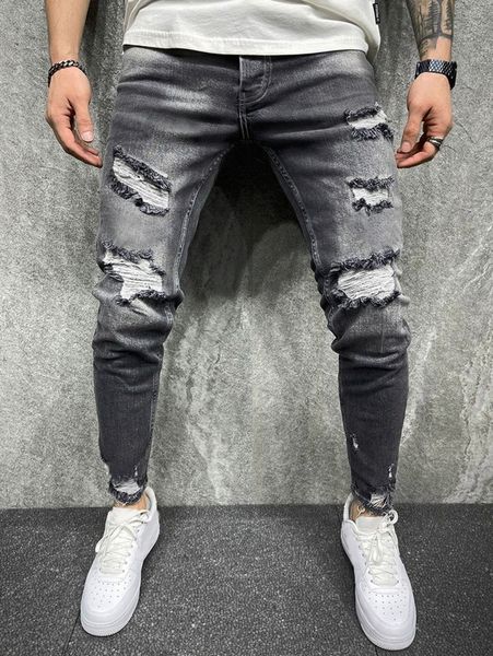 

men high waist ripped crop jeans o22e#, Blue