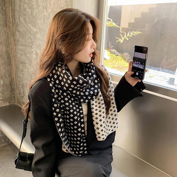 

scarves autumn and winter woman diamond plaid scarf warm student knitted wool muffler with shawl thickening, Blue;gray