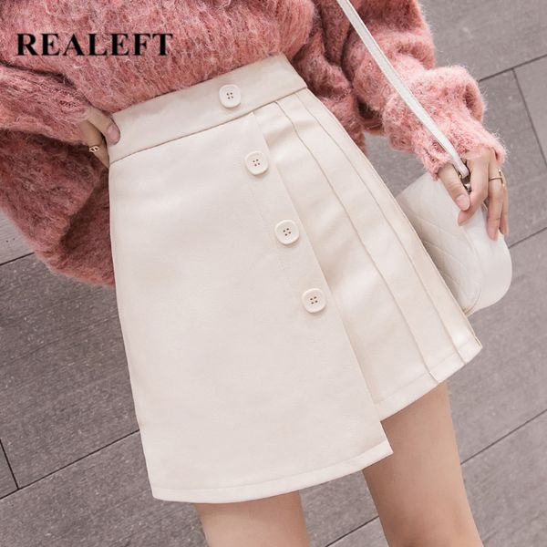 

autumn winter pu leather mini skirts single breasted high waist sheath wrap skater a-line female 210428, Black