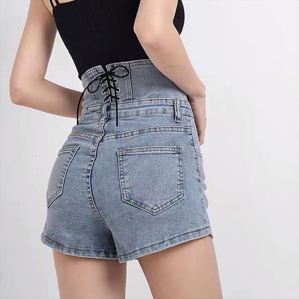

summer jeans vintage womens short back lace up plus size blue gray buttons high waist femme, White;black