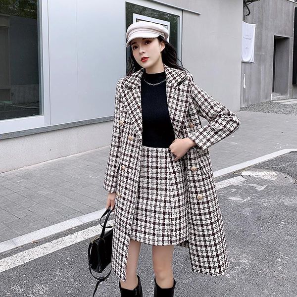 

women's tracksuits winter warm grid wool coat long snow woolen short skirt suit two piece outfit outfits for matching sets womens outwe, Gray