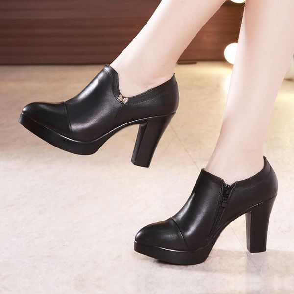 

dress shoes 2021 spring autumn women's thick high heels fashion women genuine leather single deep mouth cowhide platform pumps, Black
