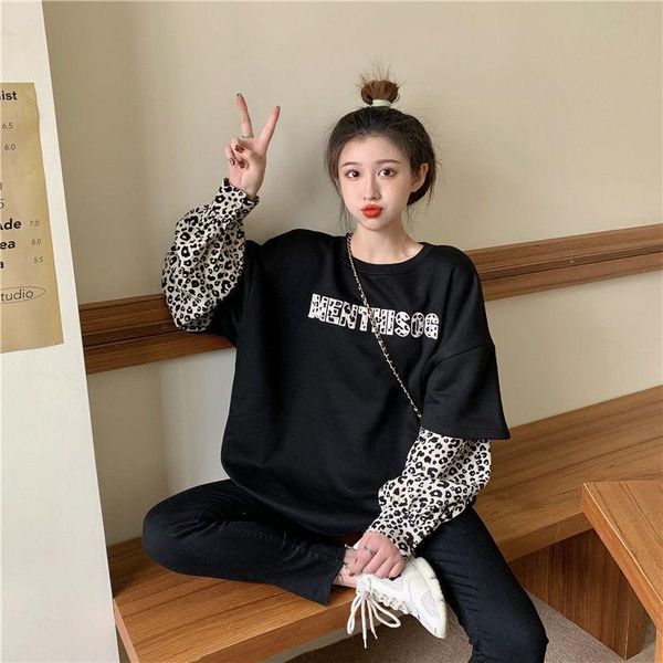 

women's t-shirt spring autumn korean 2021 splicing leopard print long sleeve loose casual sports street style o-neck pullover women, White