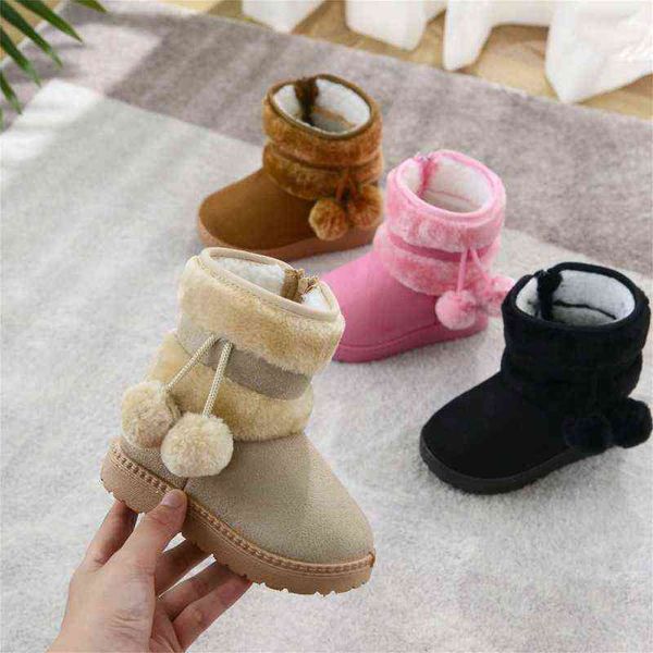 Winter Pelzige Schuhe Mädchen mit Niedlichen Haarball Baby Kinder High Top Schnee Stiefel Anti-proof Wärmer Schule Kinder Pelz Stiefel E08014 211108