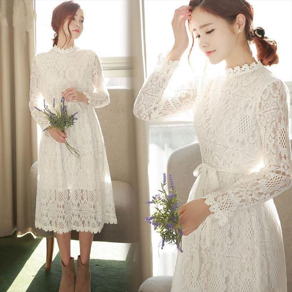 

spring autumn white bow womens dresses sleeve lace long clothes for full women, Black;gray