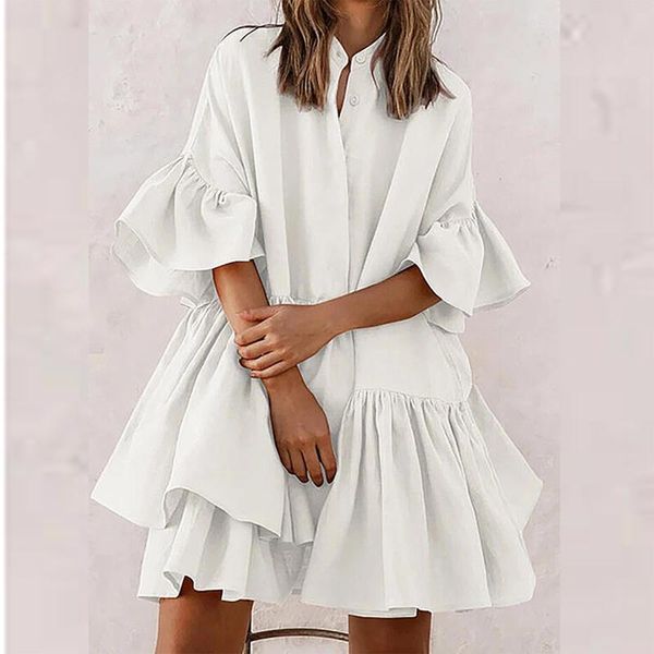 

casual dresses for women 2021 summer loose solid color high-end flared sleeve pleated dress vestidos de mujer, Black;gray