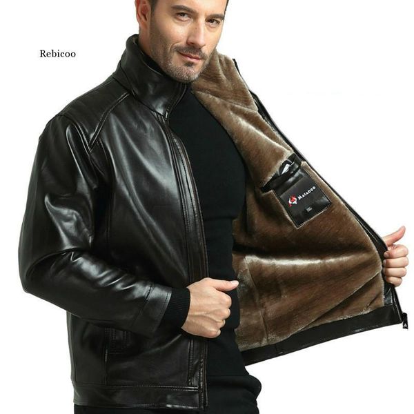 

men's fur & faux winter super warm jackets wool pu leather coats thermal thicken windbreaker mens fleece lining brand, Black