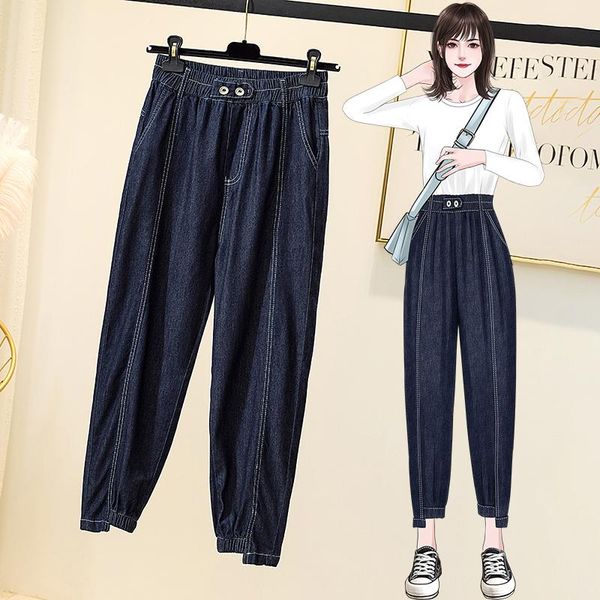

women's jeans plus size elastic waist patchwork woman asymmetry opening ankle length harem pants female loose casual denim ladies, Blue