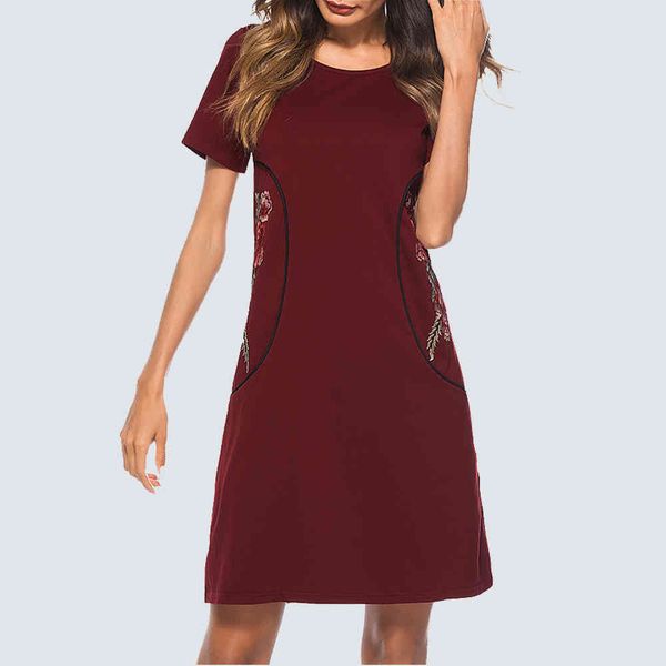 

dresses women casual brief solid color shift elegant wine embroidered short-sleeve straight summer lady ht034, Black;gray