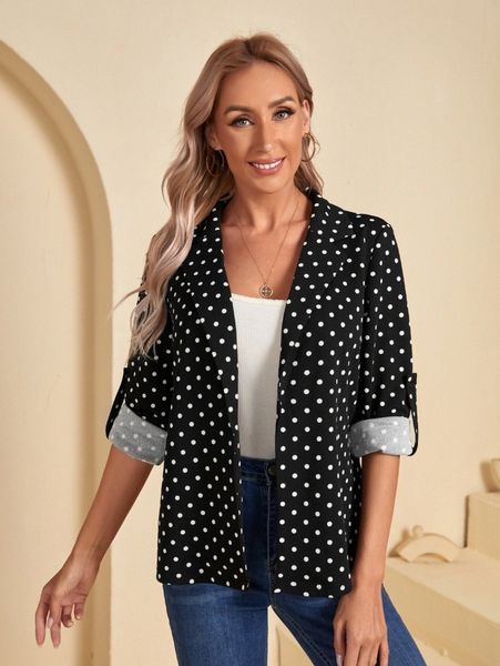 

emery rose notched collar polka dot blazer 23ua#, White;black
