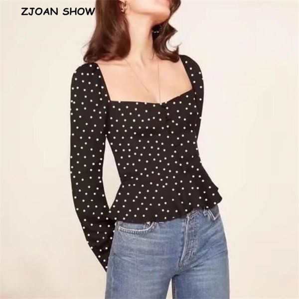 

retro red flower black polka dot square neck shirt women ruffles hem buttons slim short blouse long sleeve cotton 210401, White
